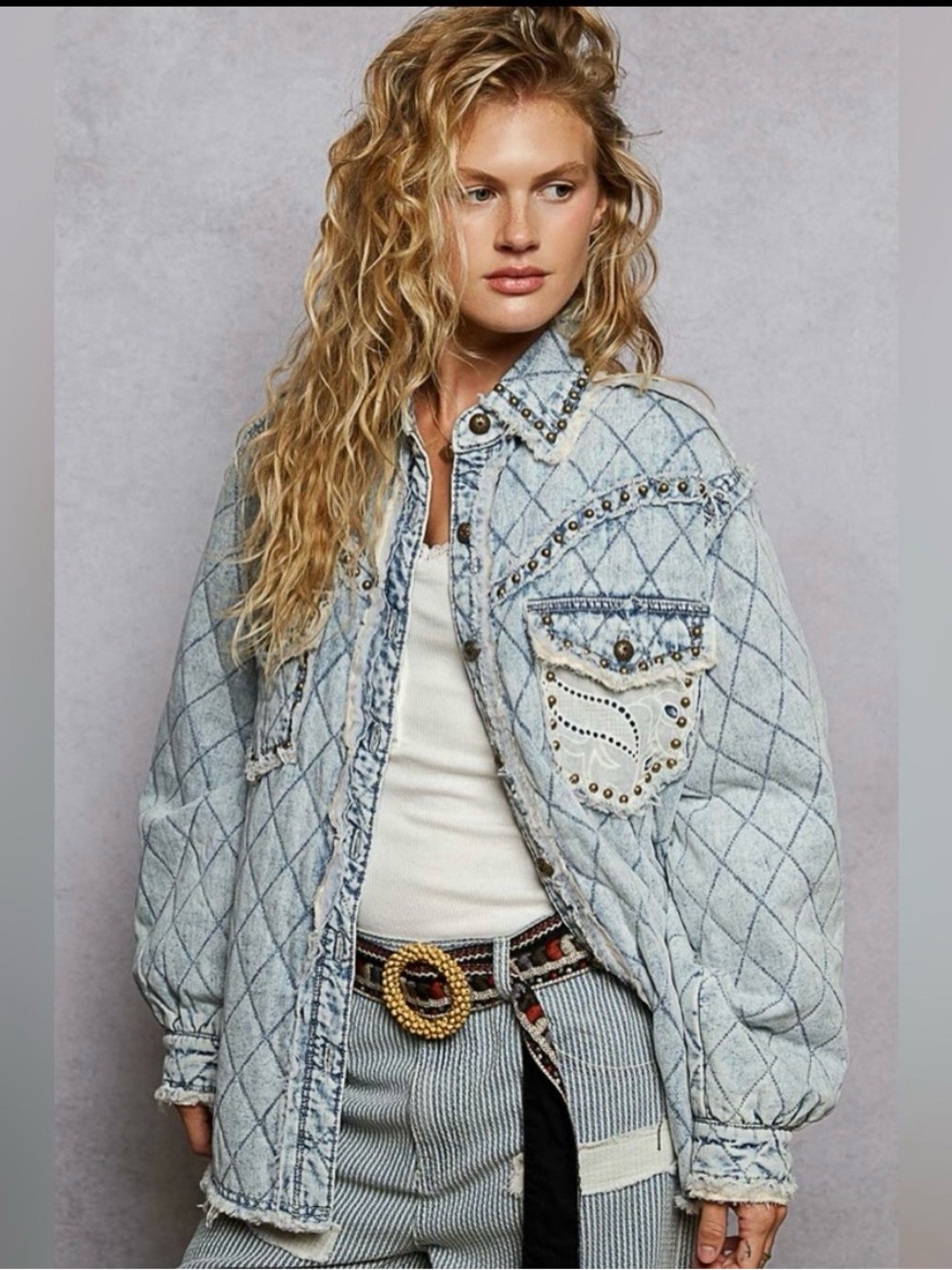 POL Light Wash Quilted Jean Jacket with Studded Pocket